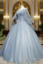Blue-Grey Ball Gown Tulle Sweet 16 Dress with Lace, Long Formal Dress