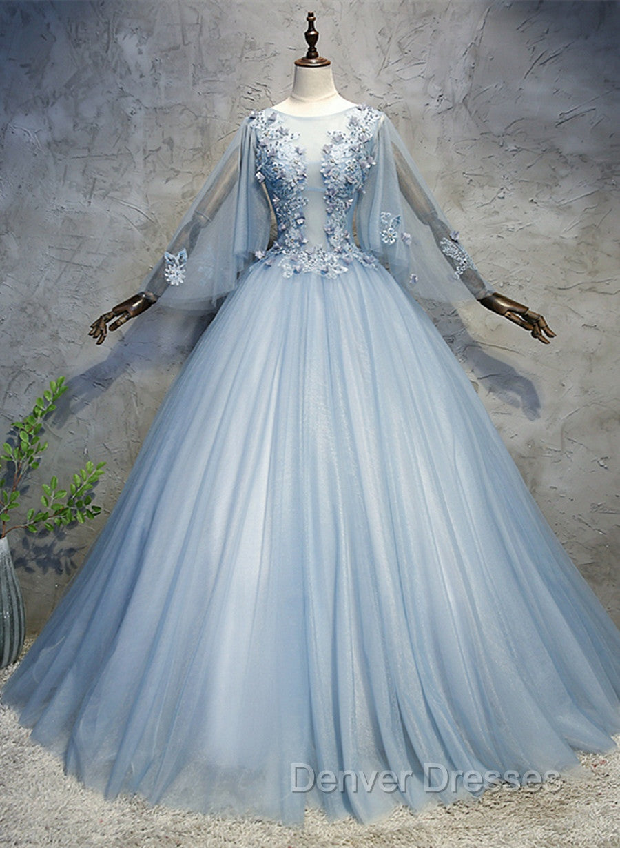 Blue-Grey Ball Gown Tulle Sweet 16 Dress with Lace, Long Formal Dress Secondary image