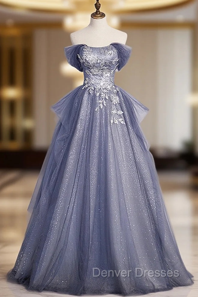 Blue-Grey Long A-line Off Shoulder Party Dress, New A-line Prom Dress Evening Dress Main image
