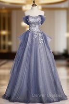 Blue-Grey Long A-line Off Shoulder Party Dress, New A-line Prom Dress Evening Dress