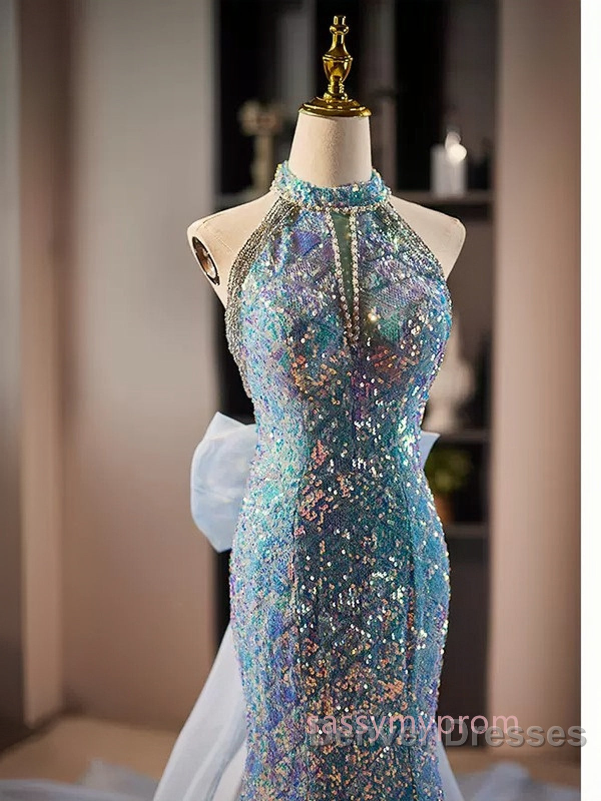 Blue Halter Beading Sequin Mermaid Prom Dress With Detachable Bow