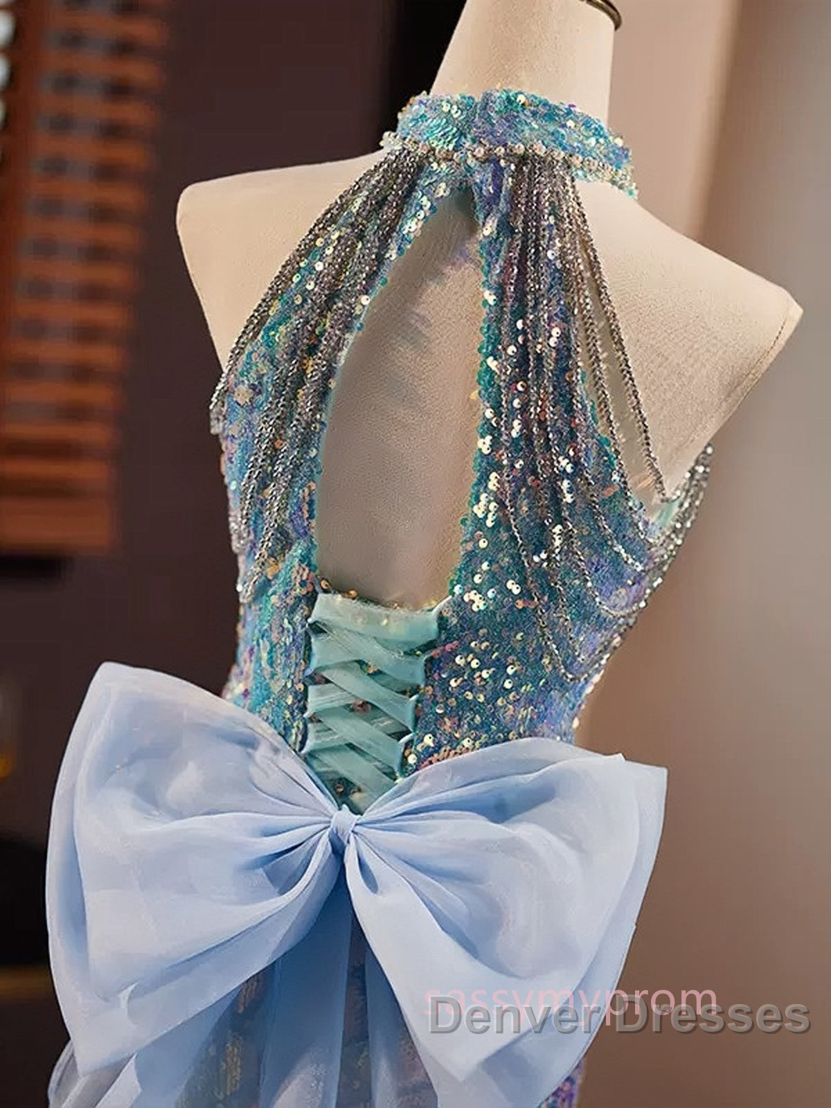 Blue Halter Beading Sequin Mermaid Prom Dress With Detachable Bow
