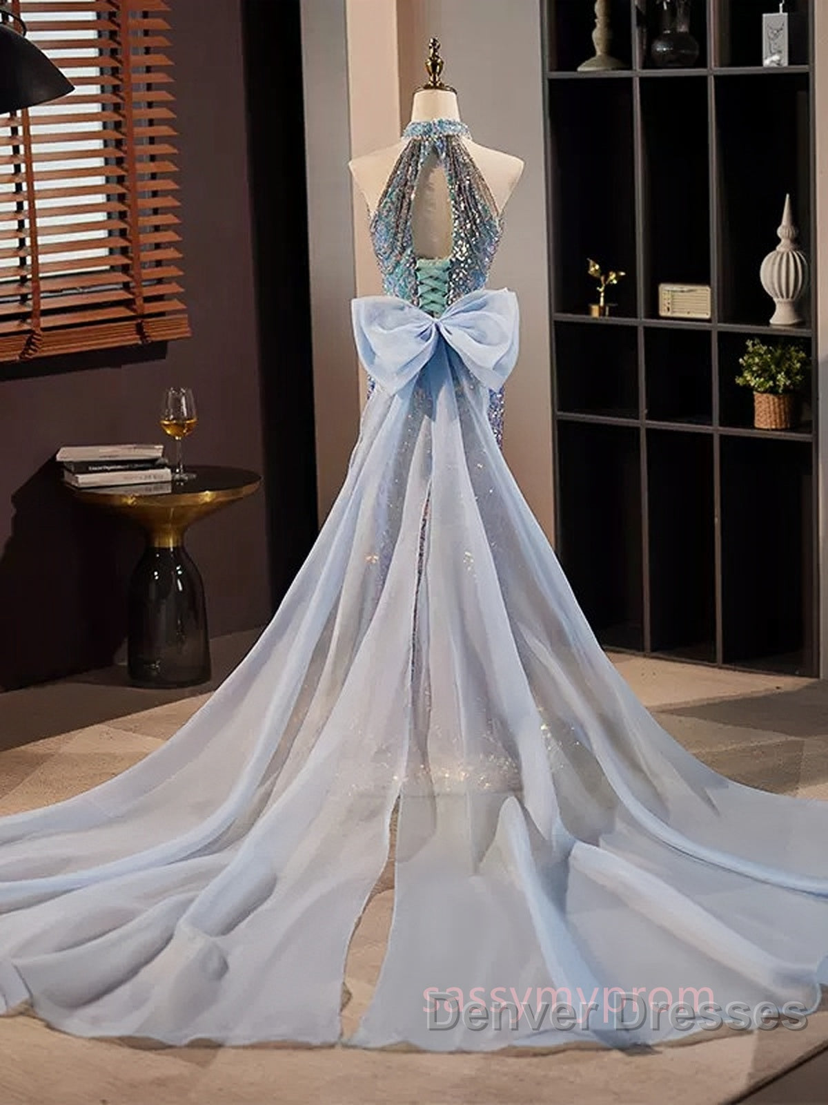 Blue Halter Beading Sequin Mermaid Prom Dress With Detachable Bow