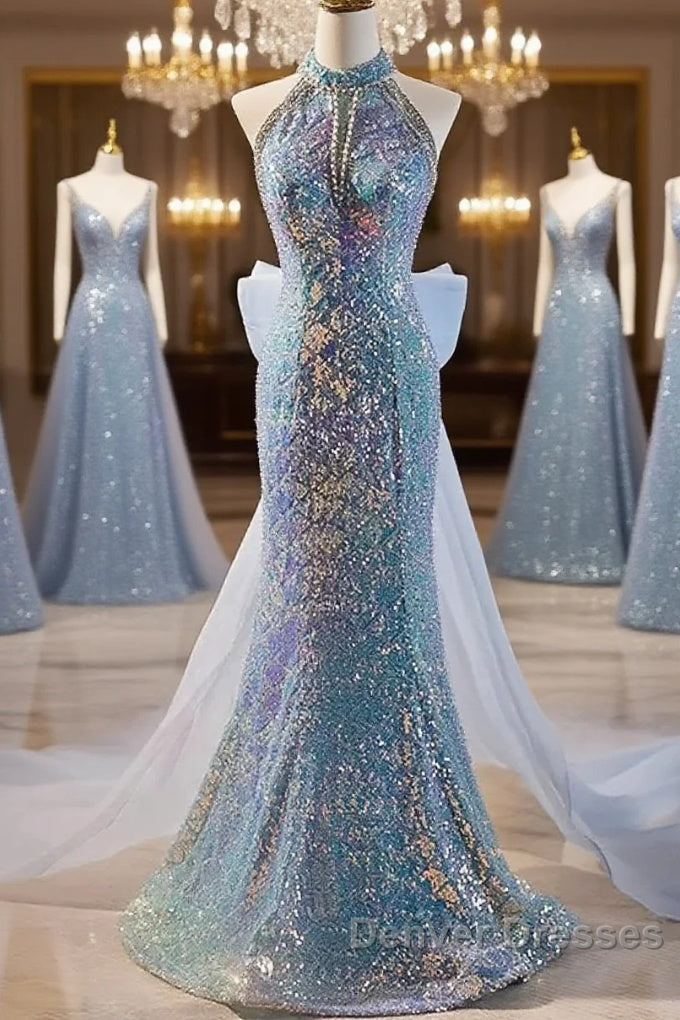 Blue Halter Beading Sequin Mermaid Prom Dress With Detachable Bow