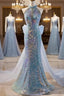 Blue Halter Beading Sequin Mermaid Prom Dress With Detachable Bow