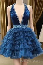 Blue Halter Multi-Layered Tulle Homecoming Dress