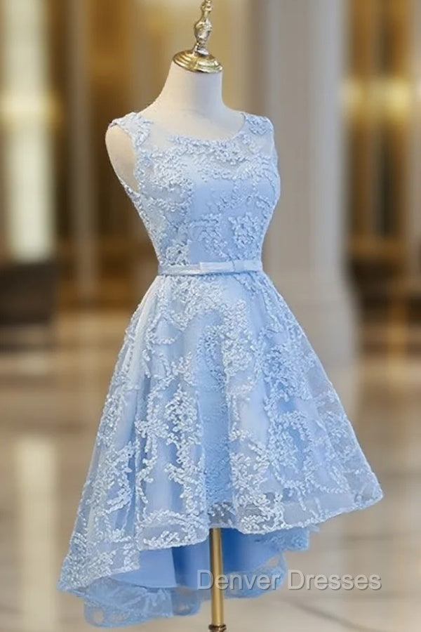 Blue High Low Lace Prom Dress, Blue High Low Lace Graduation Homecoming Dress Main image