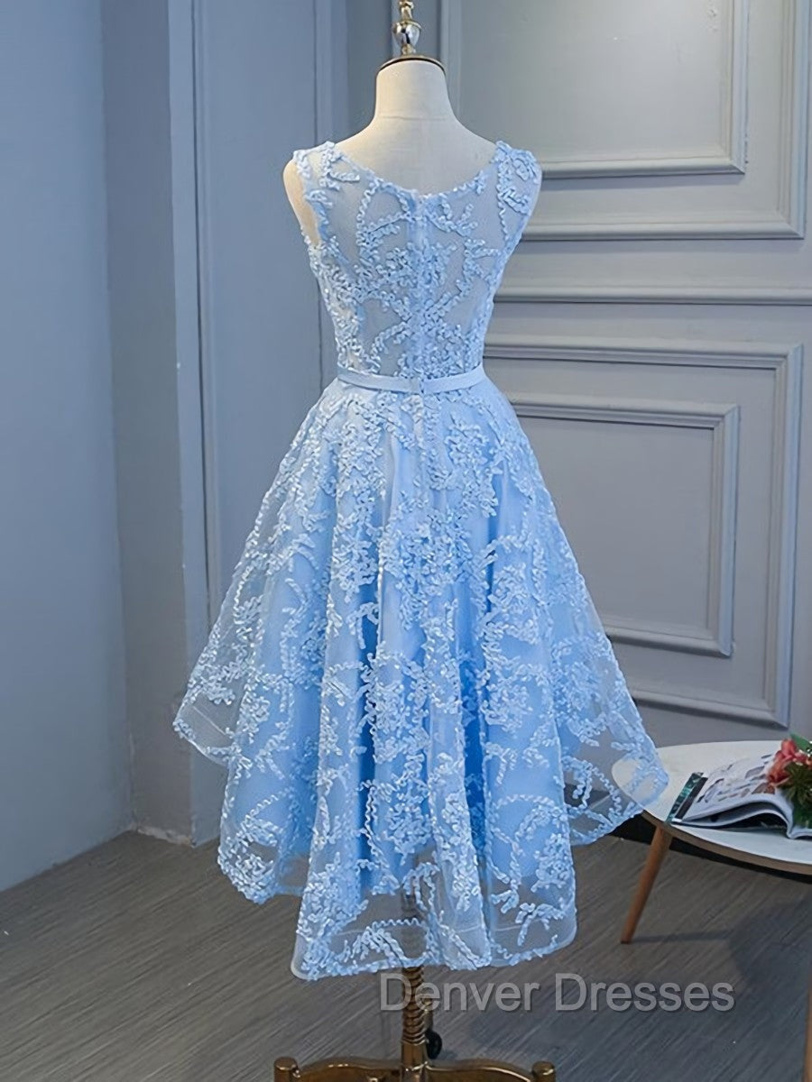 Blue High Low Lace Prom Dress, Blue High Low Lace Graduation Homecoming Dress