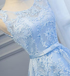 Blue High Low Lace Prom Dress, Blue High Low Lace Graduation Homecoming Dress