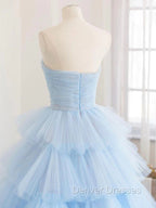 Blue High Low Tulle Prom Dress, Blue Tulle High Low Formal Graduation Dress