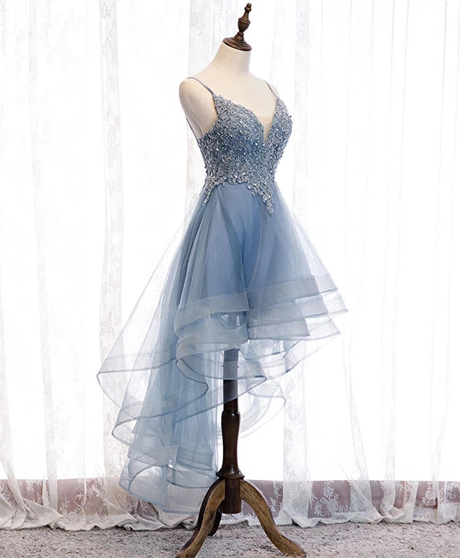 Blue High Low Tulle V-Neckline Straps Party Dress With Lace, Cute Homecoming Dress Secondary image