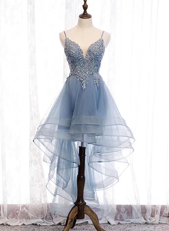 Blue High Low Tulle V-Neckline Straps Party Dress With Lace, Cute Homecoming Dress Main image