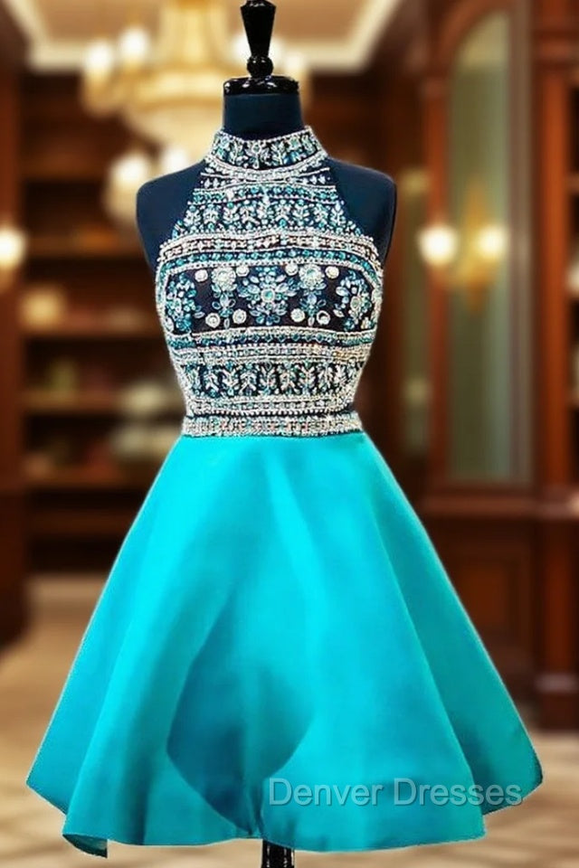 Blue High Neck Beaded Crystals Backless Party Homecoming Dress Main image