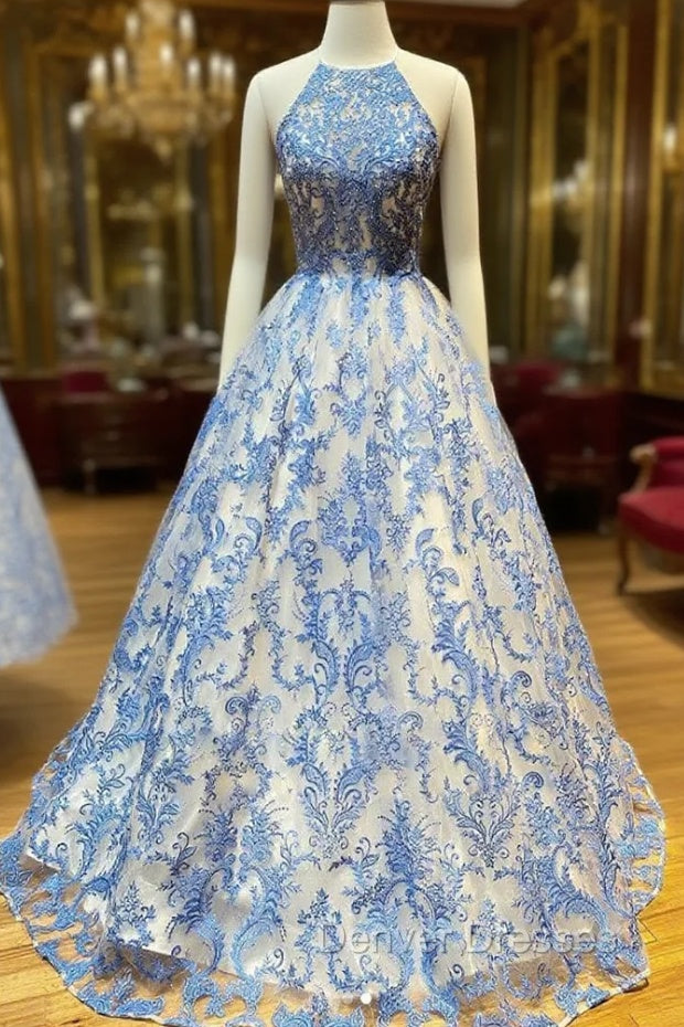 Blue High Neck Tulle Lace Long Prom Dress Blue Lace Evening Dress Main image