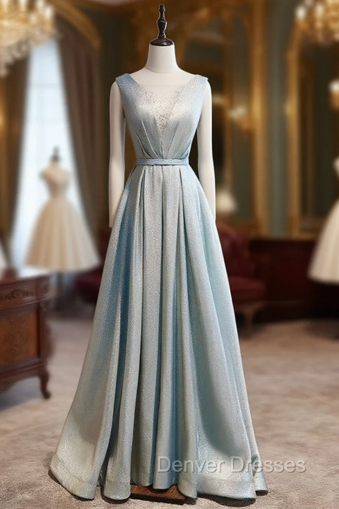 Blue Illusion V-neck Pleats Beading Prom Dress