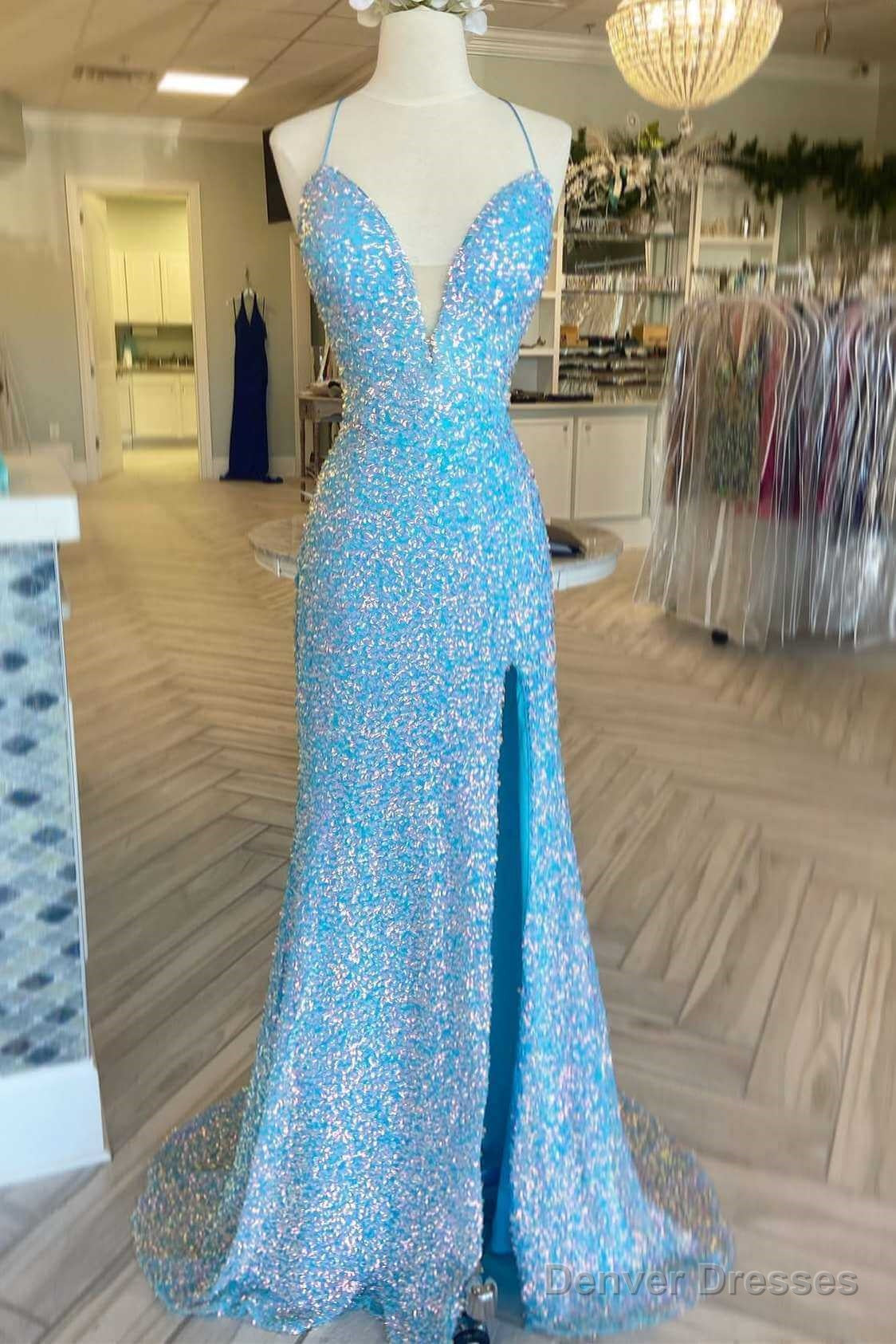 Blue Iridescent Sequin Prom Dresses V Neck Mermaid Graduation Dress Split Main image