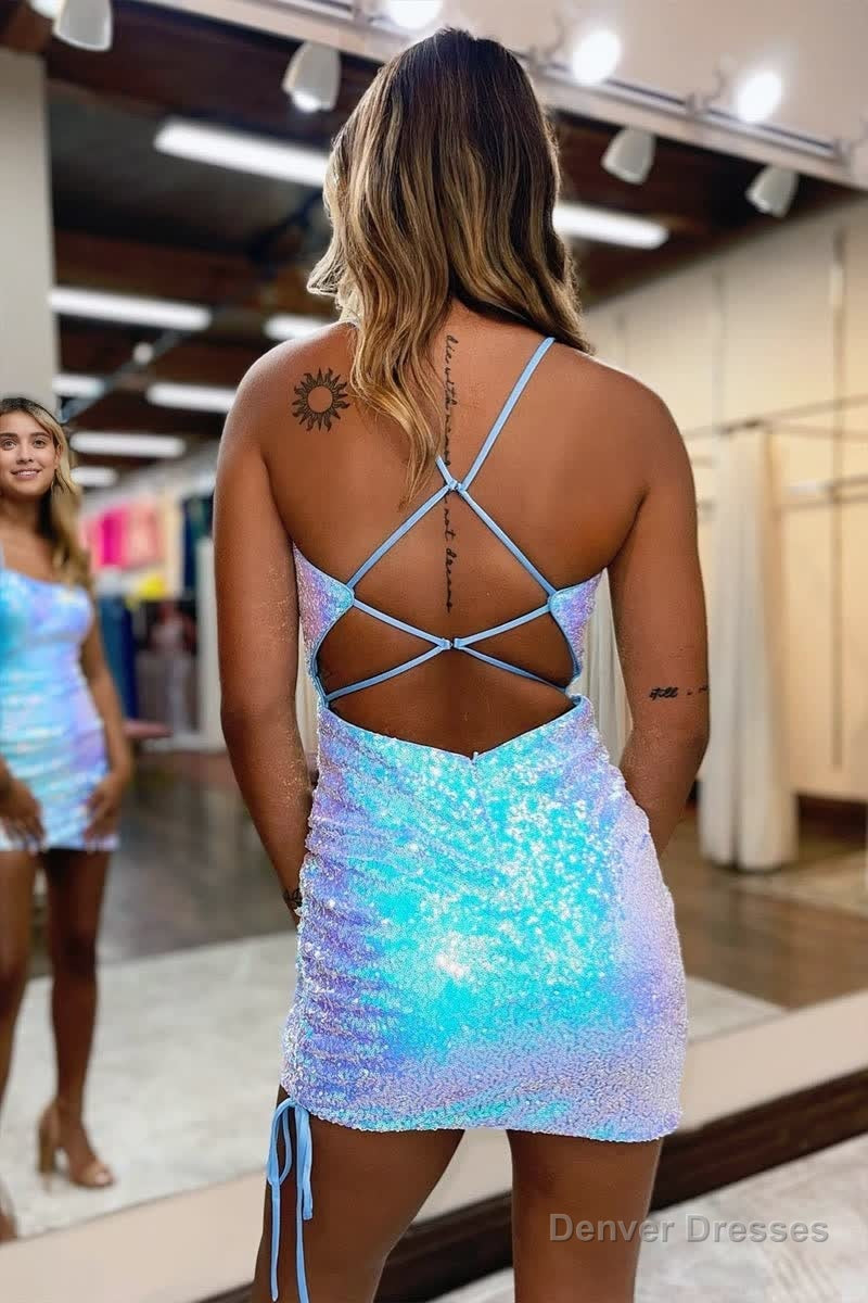 Blue Iridescent Sequins Lace-Up Sheath Homecoming Dress Secondary image