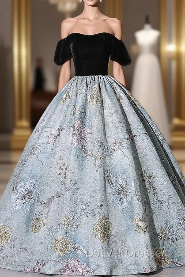 Blue Jacquard Black Velvet Quinceanera Dress Main image