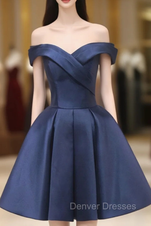 Blue Knee Length Satin Short Prom Dress, Off the Shoulder Blue Homecoming Dress Main image