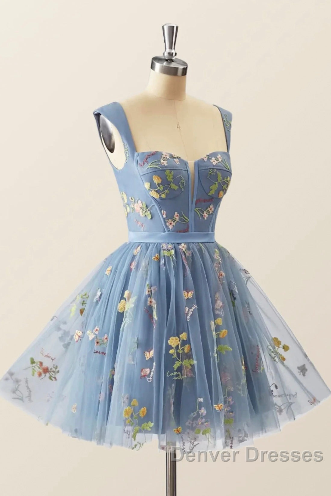 Blue Knee Length Tulle Party Dress, Cute Blue  Floral Tulle Homecoming Dress Secondary image