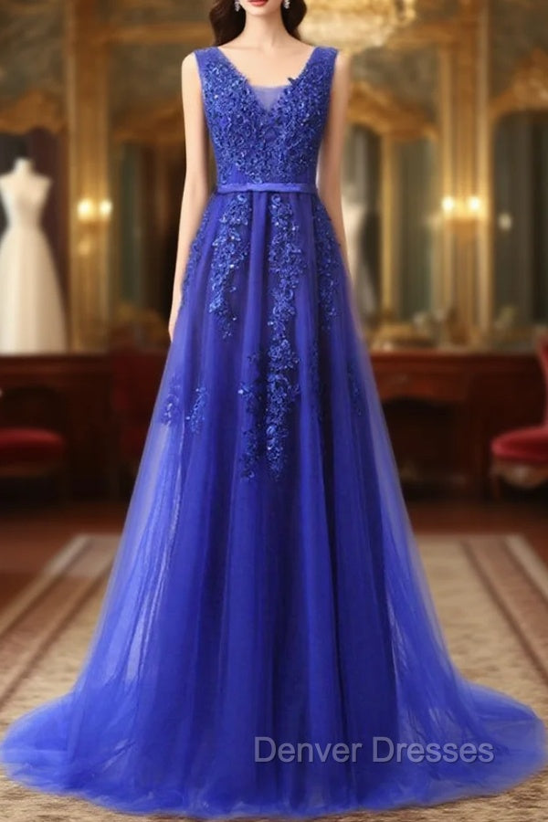 Blue Lace Beading Backless Prom Dress Main image
