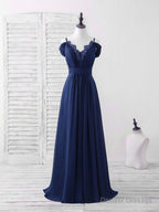 Blue Lace Chiffon Long Prom Dress Blue Bridesmaid Dress