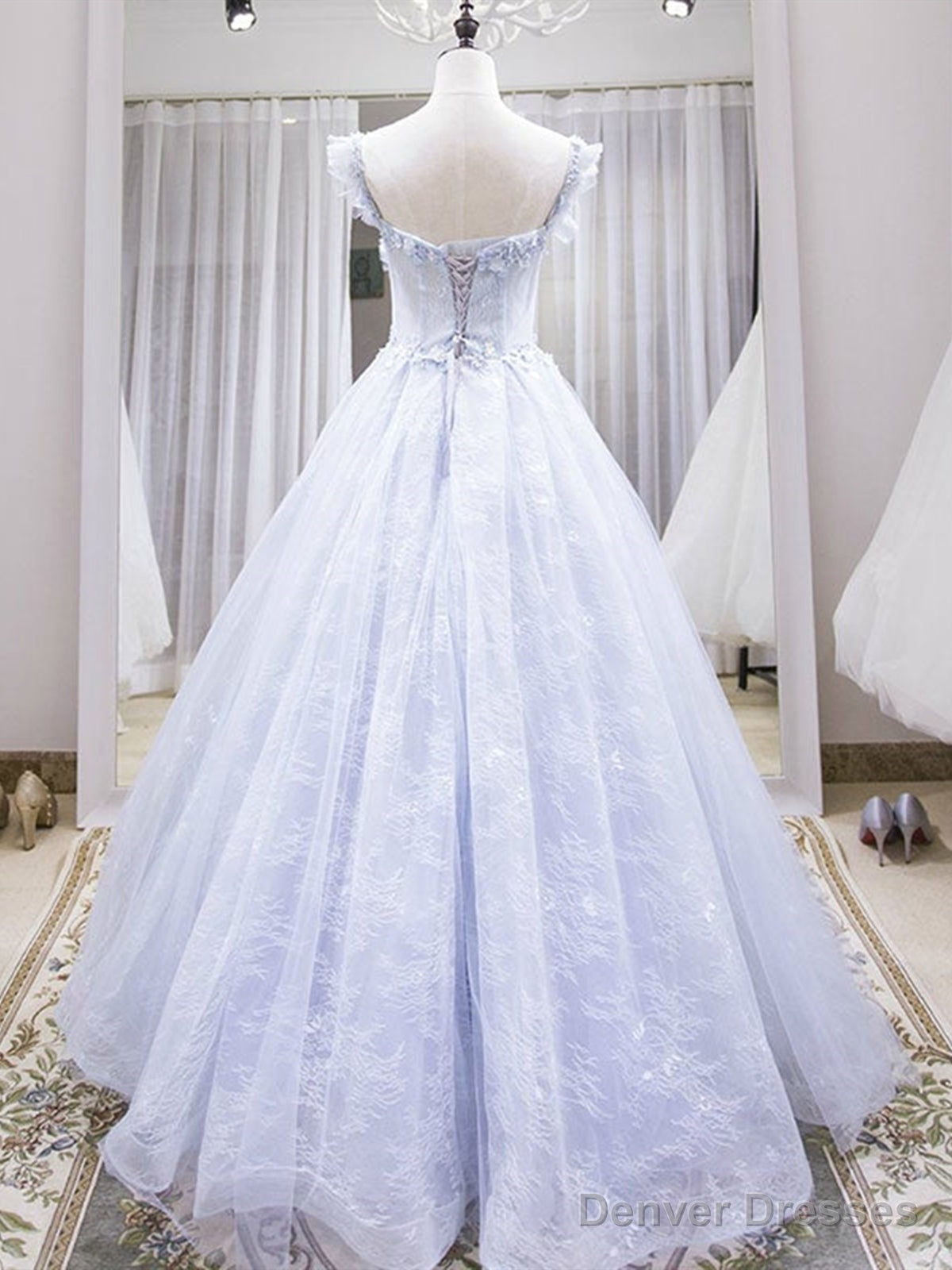 Blue Lace Floral Long Prom Dresses, Blue Lace Flower Long Formal Graduation Dresses