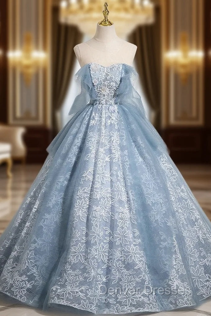 Blue Lace Flower Scoop Quinceanera Dress