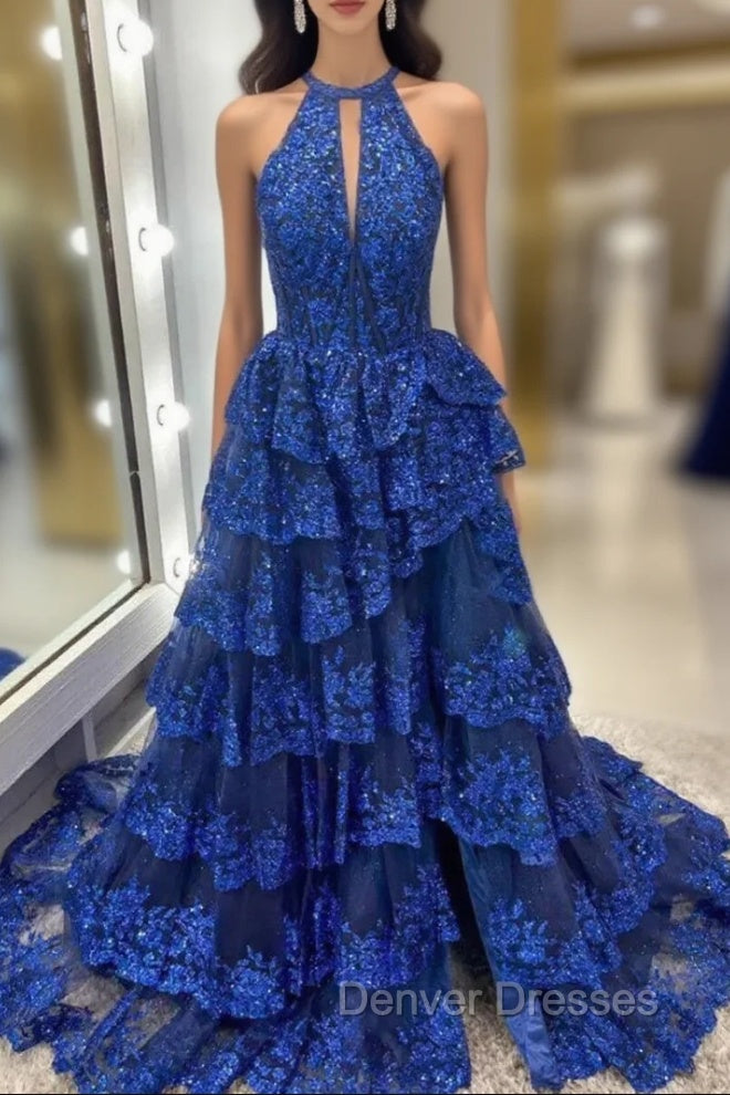 Blue Lace Halter Tiers Prom Dress