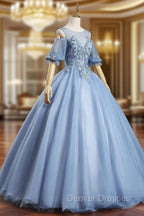 Blue Lace Long A-Line Ball Gown, Blue Formal Party Dress