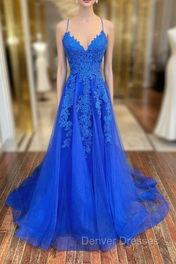 Blue Lace Long A-Line Prom Dress, Elegant V-Neck Formal Evening Dress Main image