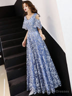 Blue Lace Long Prom Dresses, Blue Formal Party Dress