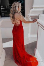 Blue Lace Mermaid Backless Prom Formal Dress