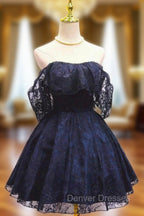 Blue Lace Off Shoulder Short Party Dress, Blue Homecoming Dress Party Dress