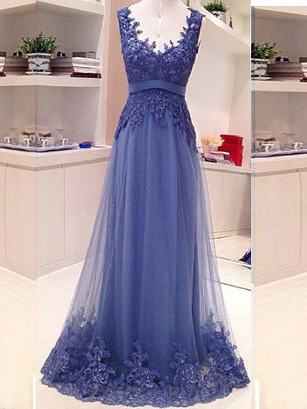 Blue Lace Open Back A-line Elegant Vintage Formal Evening Gown Prom Dress Main image