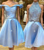 Blue lace satin short prom Dress, blue homecoming Dress