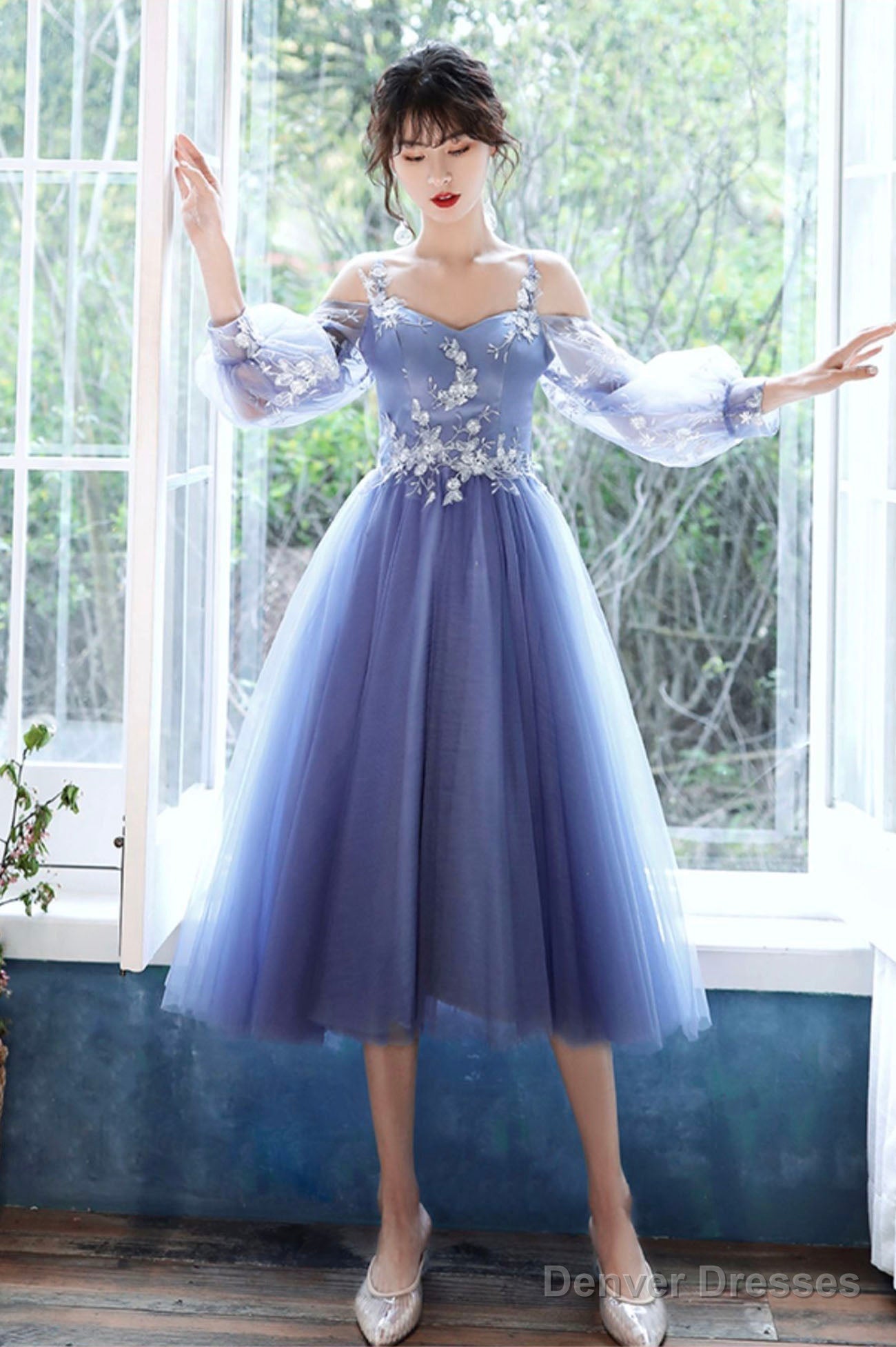 Blue Lace Short A-Line Prom Dress, Blue Spaghetti Strap Evening Party Dress Main image