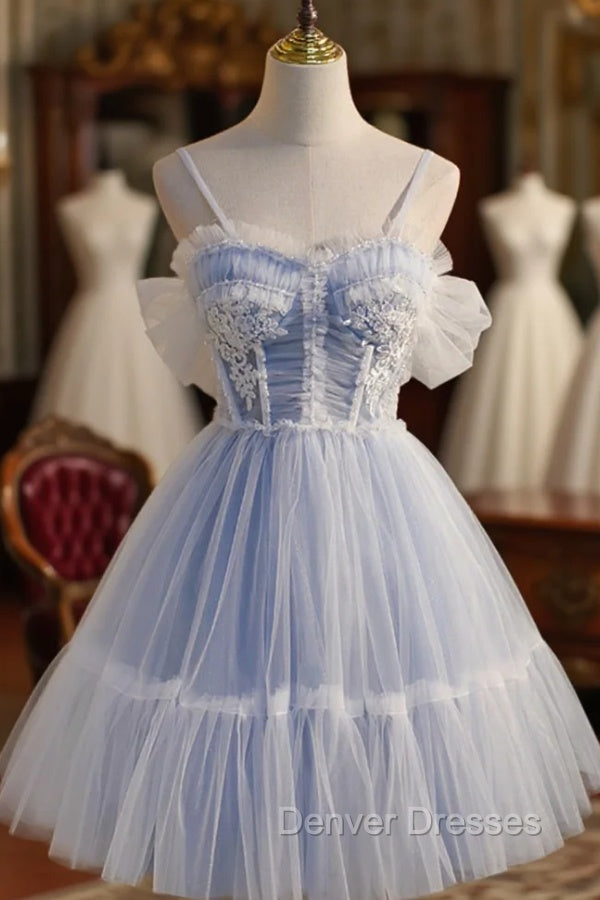 Blue Lace Short A-Line Prom Dress, Blue Spaghetti Straps Homecoming Party Dress Main image