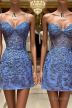 Blue Lace Short Prom Dress, Blue Homecoming Dress