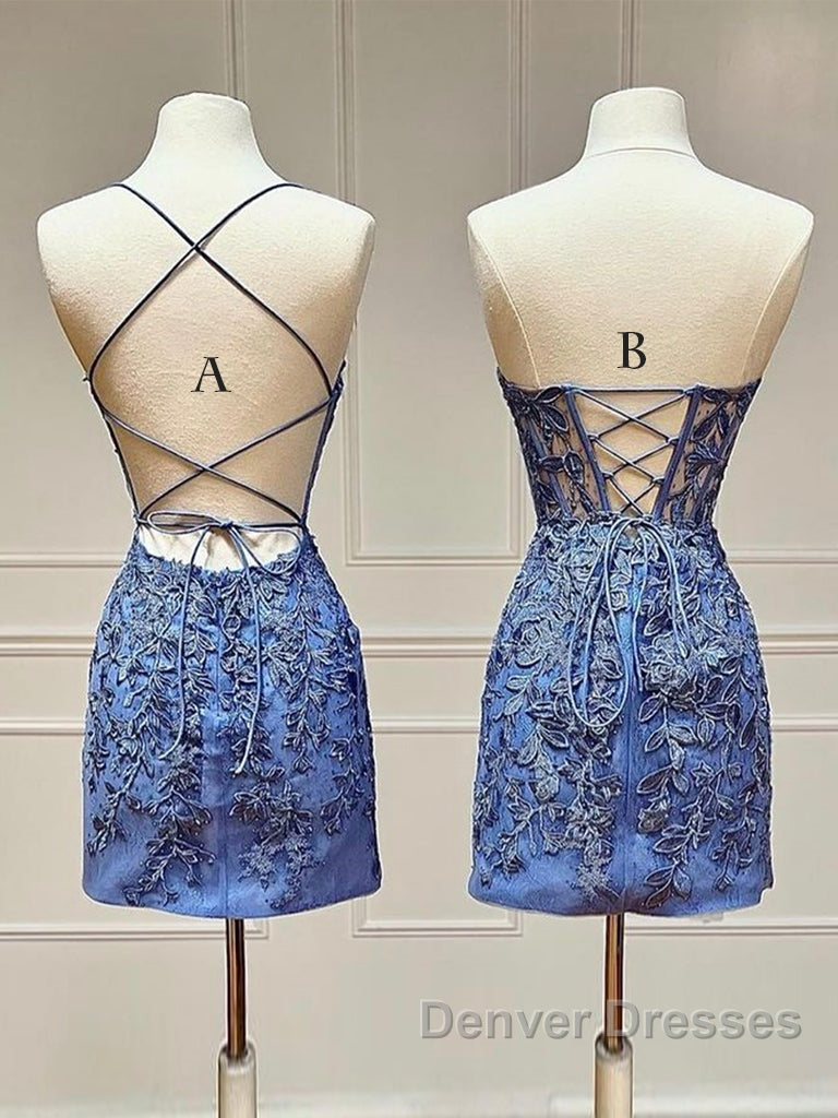 Blue Lace Short Prom Dress, Blue Homecoming Dress Secondary image