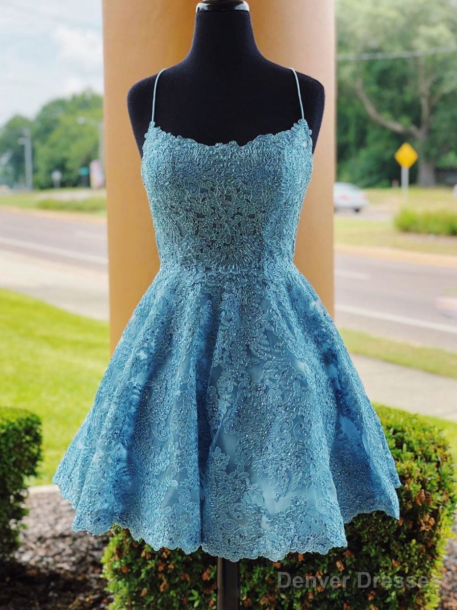 Blue Lace Short Prom Dress, Blue Lace Homecoming Dress Main image
