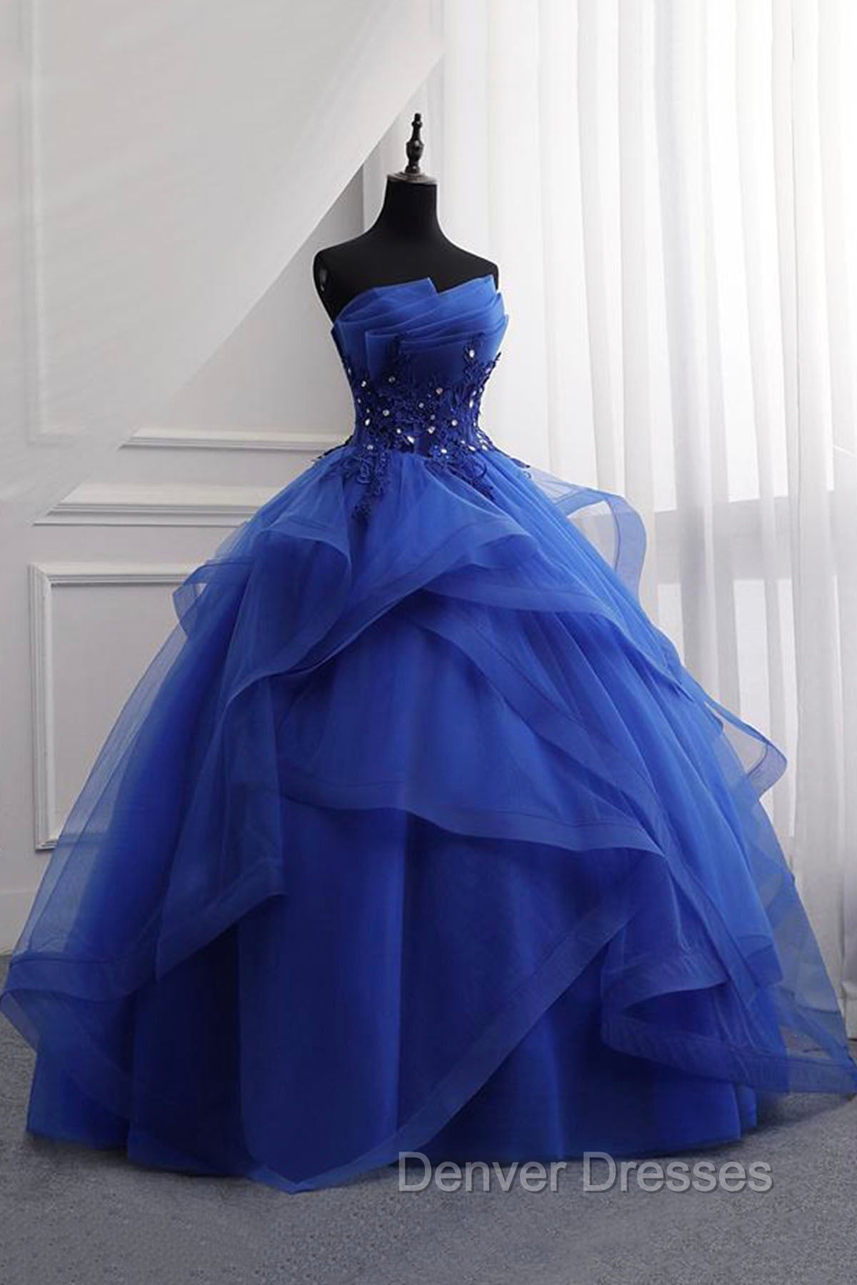 Blue Lace Strapless Ball Gown Formal Dress, Blue Long Sweet 16 Dress Main image