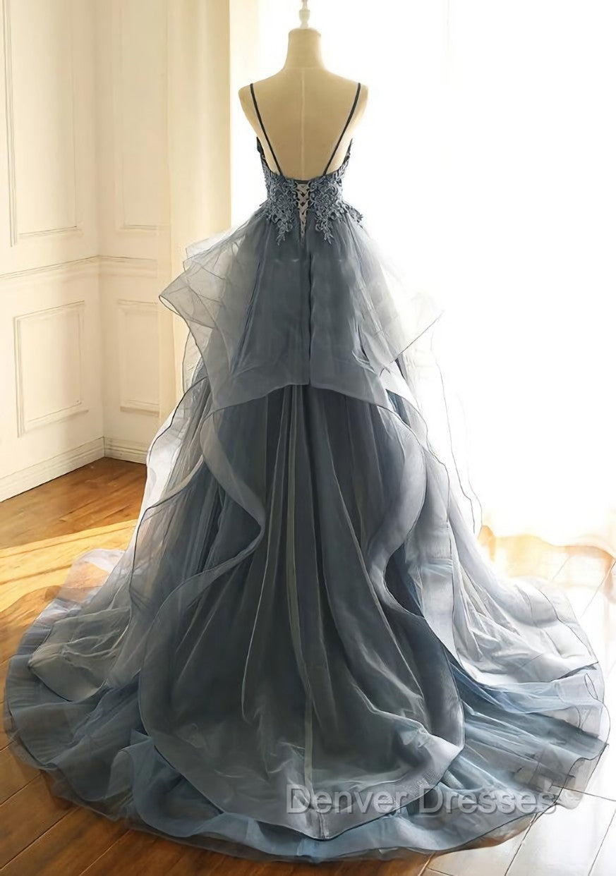 Blue Lace Top with Layers Tulle Prom Dress, New Straps Evening Gown Secondary image