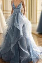 Blue Lace Top with Layers Tulle Prom Dress, New Straps Evening Gown