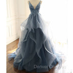 Blue Lace Top with Layers Tulle Prom Dress, New Straps Evening Gown