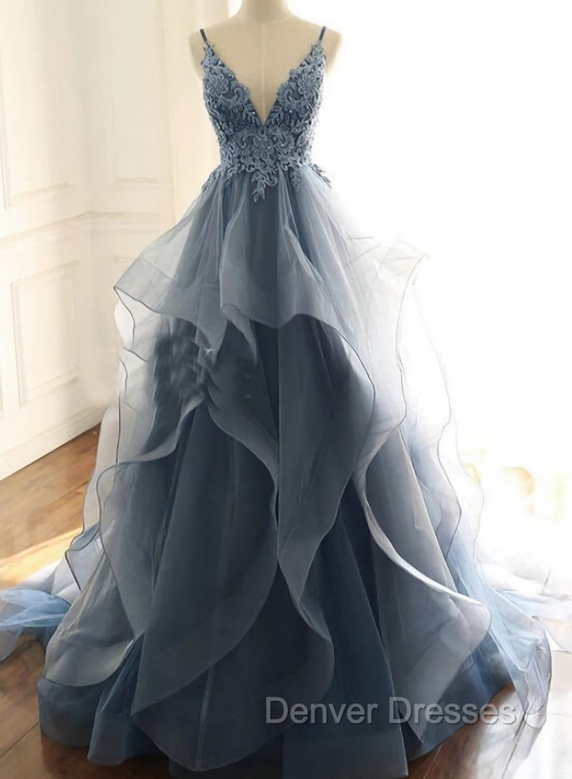 Blue Lace Top with Layers Tulle Prom Dress, New Straps Evening Gown