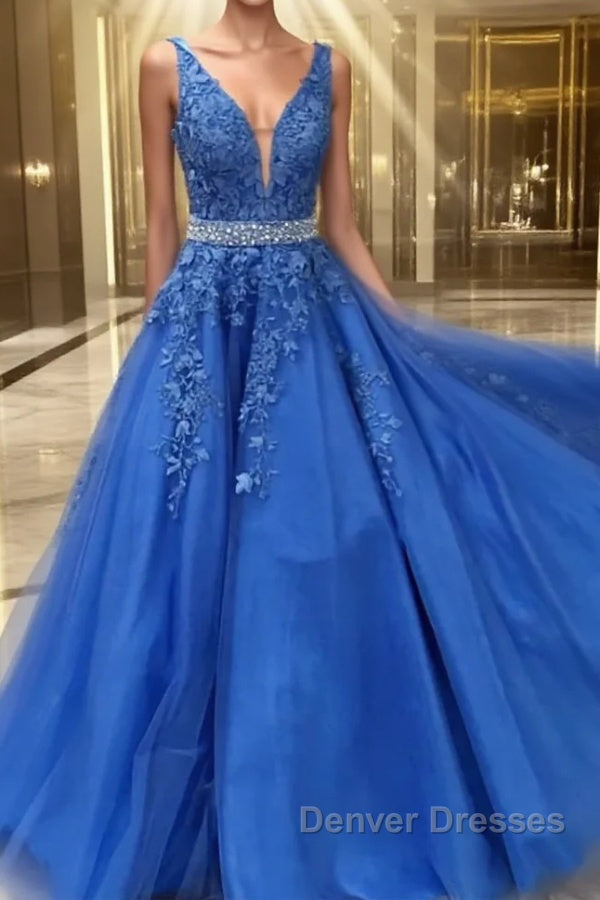 Blue lace tulle long prom Dress, blue tulle lace evening Dress Main image