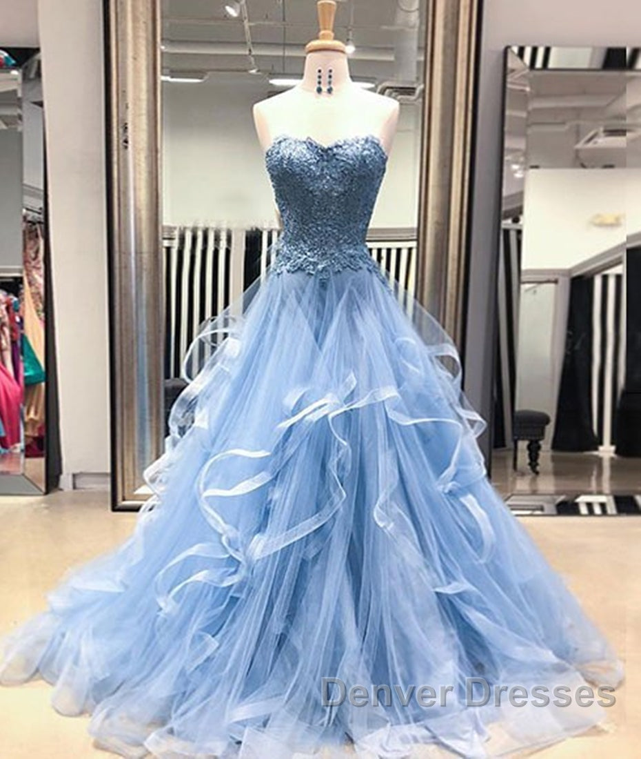 Blue Lace Tulle Long Prom Dress, Blue Lace Ball Gown, Blue Lace Formal Dress, Evening Dress