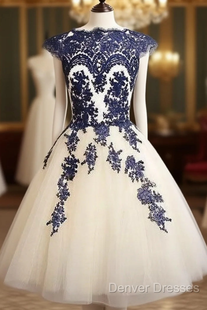 Blue Lace Tulle Short Prom Dress, Homecoming Dress, Bridesmaid Dress