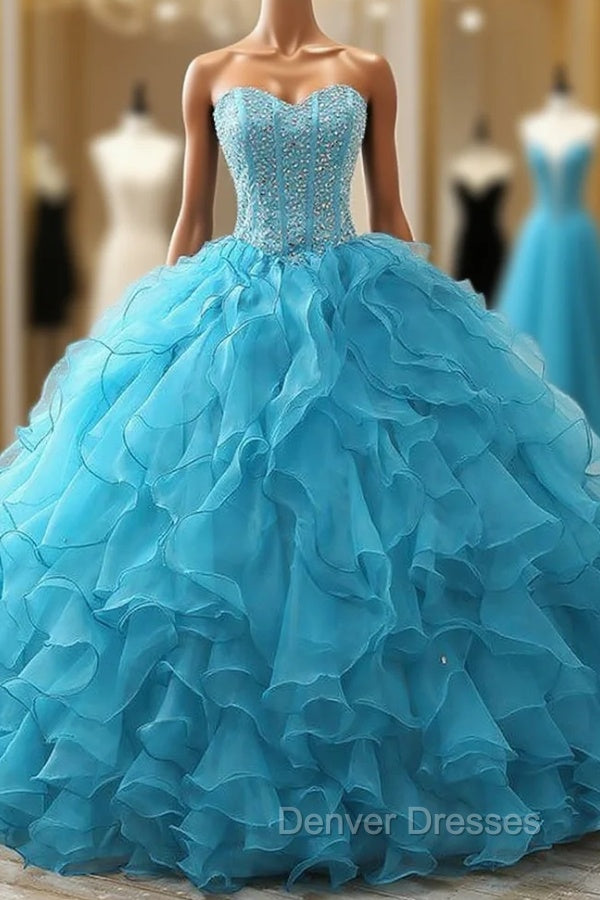 Blue Lace up Back Ball Gown Beading Crystal Birthday Dress Main image